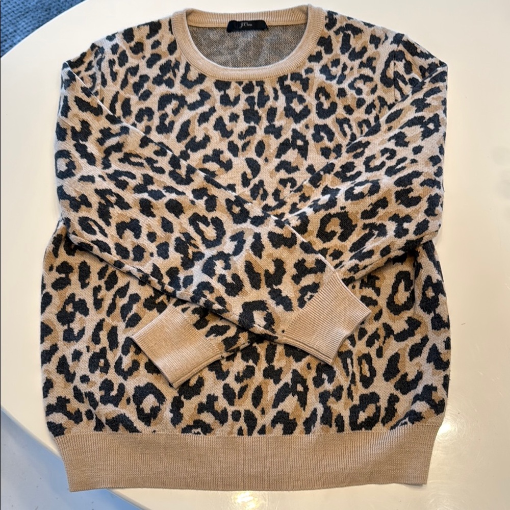 J. Crew Tan and Black Leopard Print Crew Neck Sweater